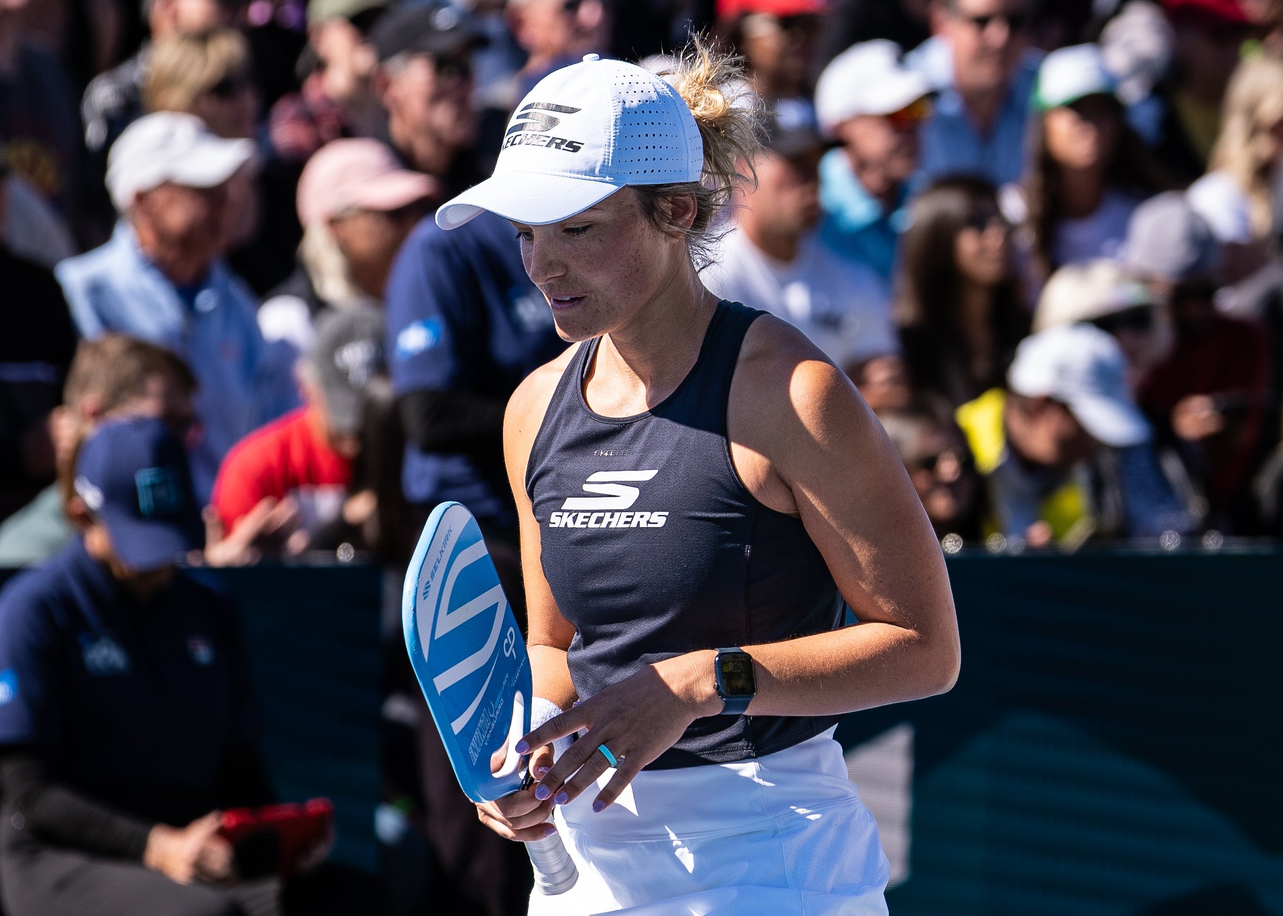 Selkirk pro Catherine Parenteau wears an Apple Watch during a match to track performance. 